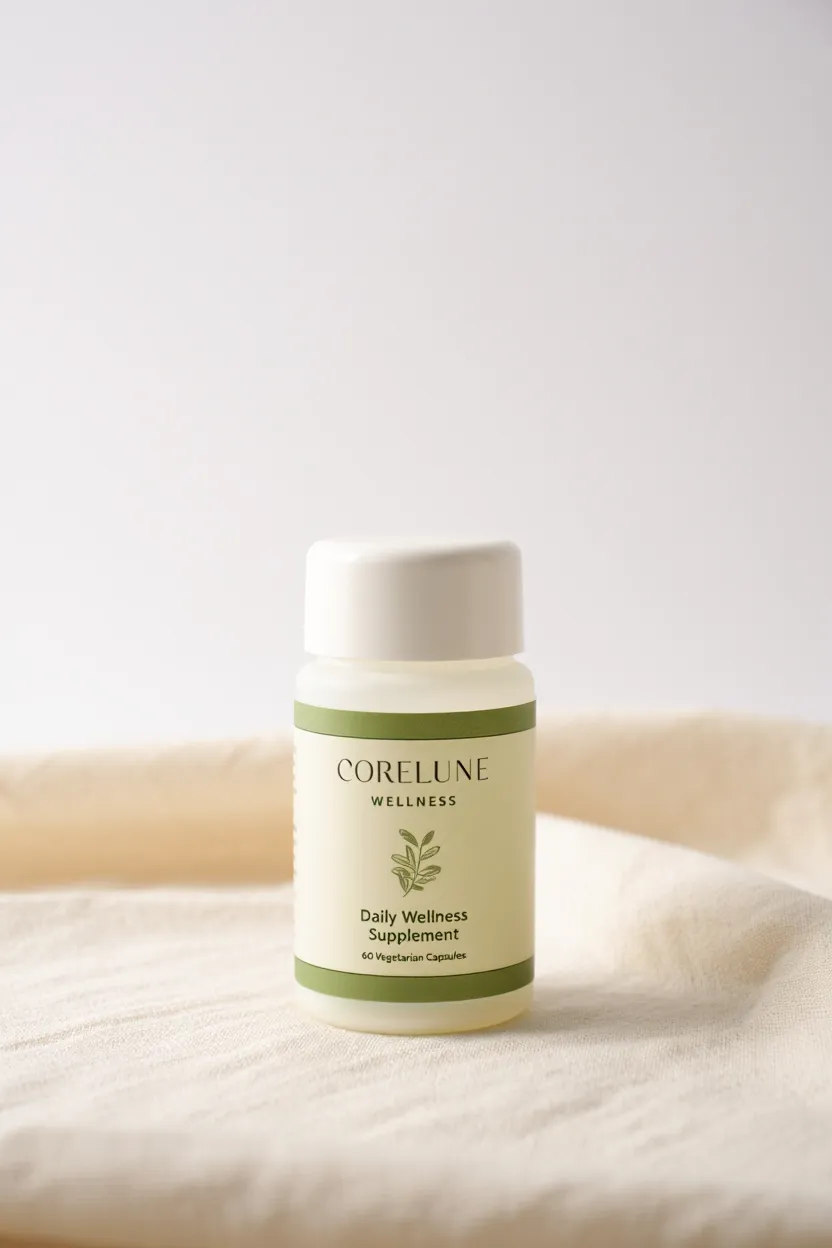 Corelune wellness supplement bottle with natural green label on soft neutral background